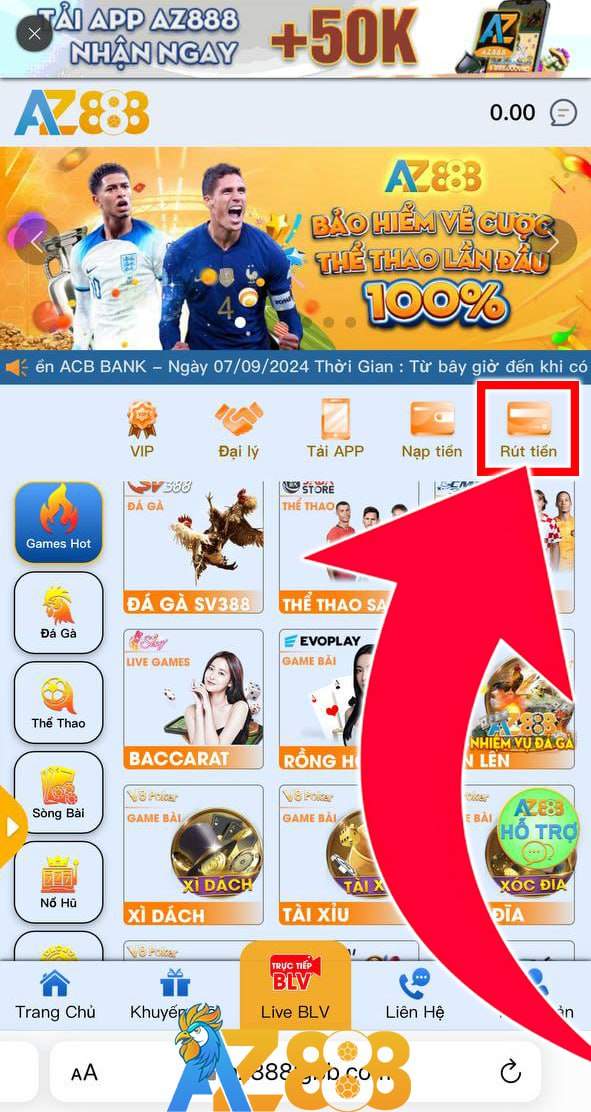 Truy cập trang chủ AZ888 và chọn rút tiền