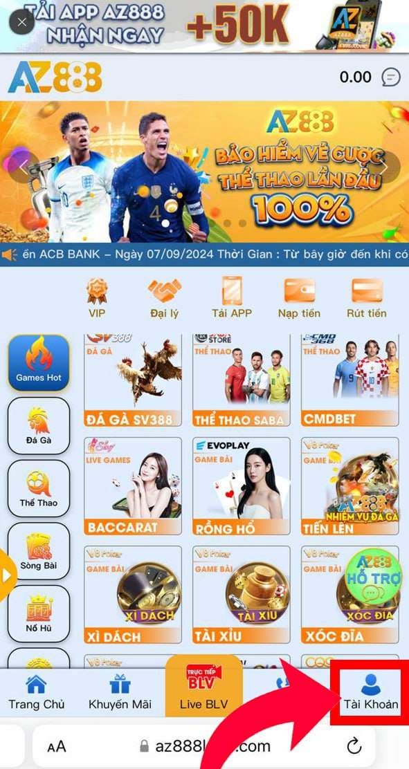 Truy cập trang chủ AZ888 và vào tài khoản